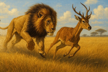A male lion is hunting a deer in the grasslands.