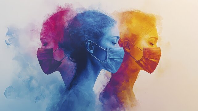 Colorful Conceptual Portrait of Women Wearing Masks Demonstrating Protection and Awareness