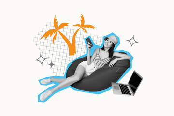 Naklejka na ściany i meble Trendy art creative full zine photo collage of happy girl sit beanbag hold phone laptop booking summer travel tree palm holiday