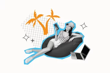 Gordijnen Trendy art creative full zine photo collage of happy girl sit beanbag hold phone laptop booking summer travel tree palm holiday © deagreez