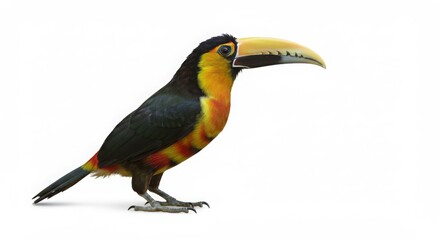 Colorful toucan perching on plain background. Exotic bird with vibrant feathers and long beak. Wildlife and nature concept.