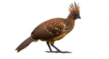 Hoatzin bird, a brown tropical bird with a crest and blue face, showcasing unique avian wildlife for nature photography.