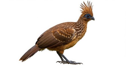 Side view of a hoatzin bird, a brown tropical bird with a crest on a white background. Wildlife and aviary concept.