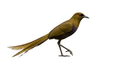 A large-tailed grackle bird, also known as quiscalus mexicanus with brown plumage and a distinctive amber eye on a white background.