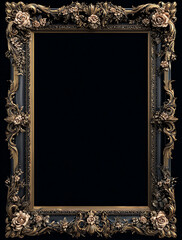 3D render of an empty ornate picture frame, Rococo style, black background, roses and vines, gold accents, symmetrical design, ultra-realistic
