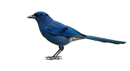 A beautiful blue bird, a purplish backed jay, stands gracefully in profile with a sleek appearance on a plain white background for nature-themed design.