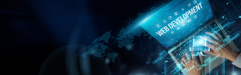 Businessmen use laptops and web development tools to create, manage, and optimize websites,...