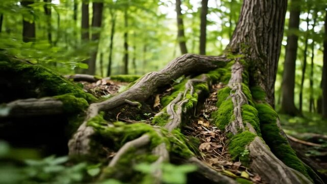 Moss covered tree roots in forest