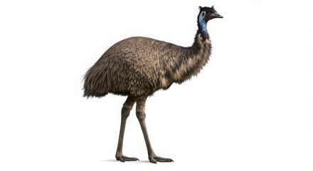 Full body portrait of an emu isolated on white background. Flightless bird from Australia. Wildlife animal concept for zoology or education.
