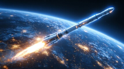 Cosmic Launch Photography of a Surreal Space Missile Orbiting Earth