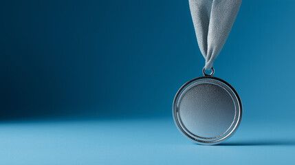 Silver Medal with Ribbon on Blue Gradient Background, Second Place Award Symbol, Achievement Recognition with Copy Space, Minimalist Competition Prize, Professional Sports Honor
