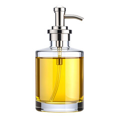 Fototapeta premium Elegant glass dispenser filled with golden liquid, ideal for bath products on transparent background