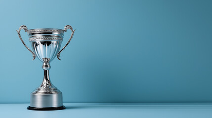 Silver Trophy Cup on Blue Background with Copy Space, Elegant Championship Award, Professional Competition Prize, Business Achievement Symbol, Minimalist Success Recognition