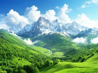 Obraz premium Majestic Mountain Landscape with Lush Green Valley and Blue Sky