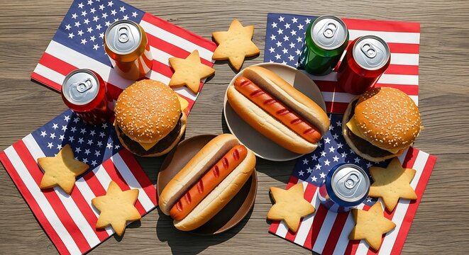 Patriotic Fourth of July Picnic Hot Dogs, Burgers, and Soda