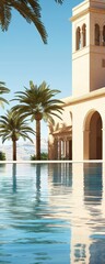 Tranquil Oasis with Reflective Pool and Palm Trees Under Clear Sky