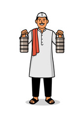 Cartoon vector of a Mumbai dabbawala in white kurta and cap carrying two stainless-steel tiffin carriers. Iconic Indian lunchbox delivery worker&mdash;logistics, office meals, culture and city life themes