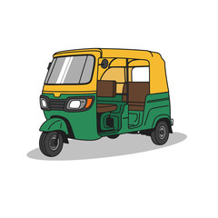 Vector of an Indian auto rickshaw (tuk-tuk) in green and yellow, three-wheeler city taxi shown in side view with shadow. Perfect for urban transport, travel, ride-hailing, delivery © Ashiyana