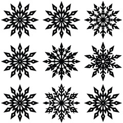 Collection of nine distinct black snowflake icons on a clean white background