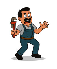 Surprised plumber in overalls holding a wrench reacts to a plumbing emergency. Home repair, pipe leak, maintenance service and urgent callout concept in expressive cartoon vector illustration