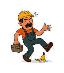 Construction worker in hard hat slips on a banana peel while carrying a toolbox. Workplace accident, hazard awareness, safety training and injury prevention concept in humorous cartoon vector