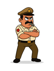 Stern police officer in khaki uniform stands with arms crossed and whistle, showing authority and discipline. Law enforcement, rules, public safety and security warning concept in vector illustration