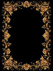 A golden floral frame on a black background, in a vintage style, with a detailed design featuring ornate elements.