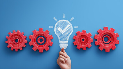 Business Process Optimization Concept, Light Bulb with Checkmark and Red Gears, Workflow Efficiency and Productivity Visualization, Innovative Solution for Streamlined Operations
