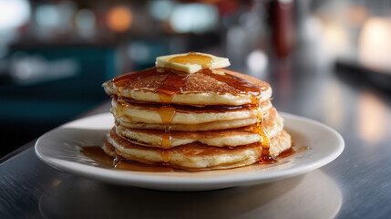 A close-up shot of a tall stack of golden brown pancakes Generative AI	
