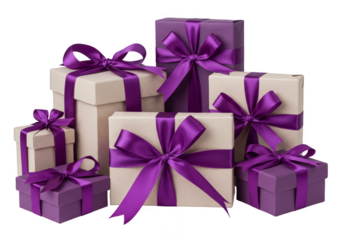 Isolated Group of Purple Gift Boxes with Ribbons on Transparent Background