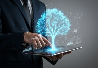 Businessman interacts with digital tree on tablet representing growth