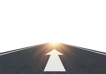 Arrow points forward on asphalt road isolated on white background