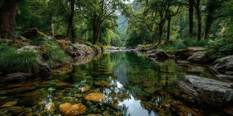 Obraz premium Calm river flowing through lush green forest with vibrant reflections on a sunny day