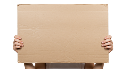 Isolated Hands Holding Blank Brown Cardboard Sign with Transparent BG