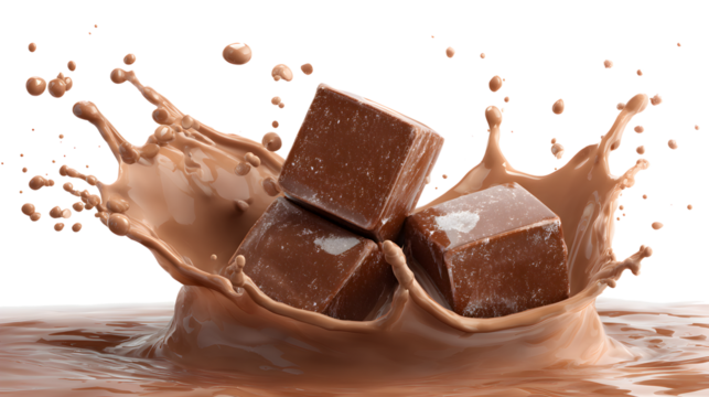  Chocolate blocks splashing into a liquid chocolate splash burst in the air, isolated on a white background