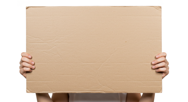 Isolated Hands Holding Blank Brown Cardboard Sign with Transparent BG