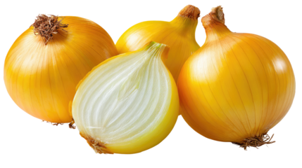 Golden Onions: A close-up shot of several golden onions, with one cut in half, displaying their crisp textures and layers, a staple in many culinary traditions.