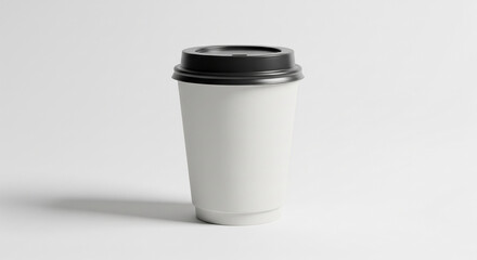 White paper cup with black lid, isolated on white background Mockup for branding, design, or advertisement Free space for text or logo Simple and clean presentation