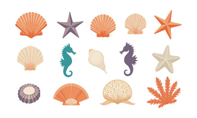 Obraz premium scalable vector illustration featuring a curated collection of colorful seashells, starfish, sand dollars, sea urchins, and seahorses, easily editable and scalable.
