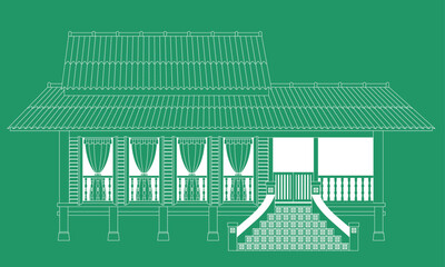 Vector of a traditional Malay house in Malaysia, also known as rumah kampung. Outline only with solid color background.