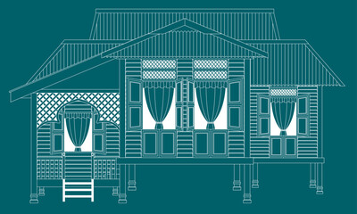 Vector of a traditional Malay house in Malaysia, also known as rumah kampung. Outline only with solid color background.