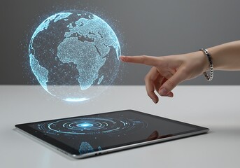 Finger touching digital globe hologram on tablet screen technology