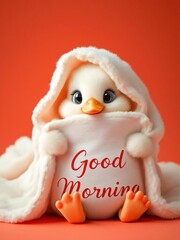 Cute duckling wrapped in a blanket holding a good morning sign on an orange background studio shot