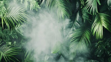 Mystical Tropical Paradise: Lush Greenery and Foggy Atmosphere