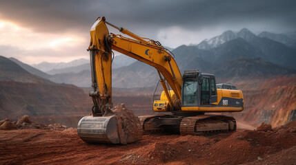 A colossal hydraulic excavator digging into the reddish earth of a vast open-pit mine under a dusty sky. Generative AI	
