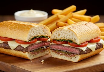 Steak sandwich with cheese tomato and lettuce served with french fries