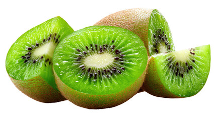 Fototapeta premium Kiwi Fruit Slices: Freshly sliced kiwis arranged artfully, showcasing vibrant green flesh against the backdrop of a healthy lifestyle and delicious fruits