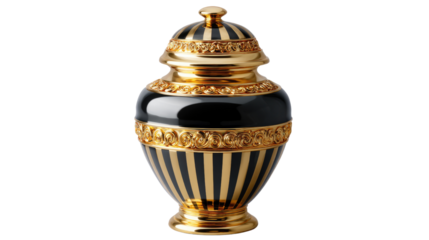 Golden Urn of Elegance: A highly detailed, ornate golden urn with a striking black striped pattern and intricate detailing on a simple backdrop, exuding opulence and sophistication.