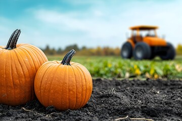 Two fresh pumpkins sit on dark soil, symbolizing autumn harvest, while a tractor looms in the blurred background. A serene rural landscape complements the scene.