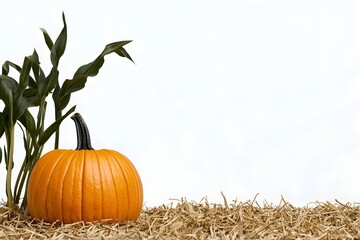 A vibrant orange pumpkin rests on straw beside lush green corn, capturing the essence of autumn harvest season. Ideal for seasonal themes and decoration.